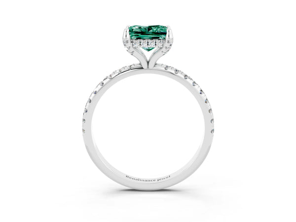 Silver Princess Cut Green Sapphire Hidden Halo Engagement Ring with Round Pavé Band and Prong Setting