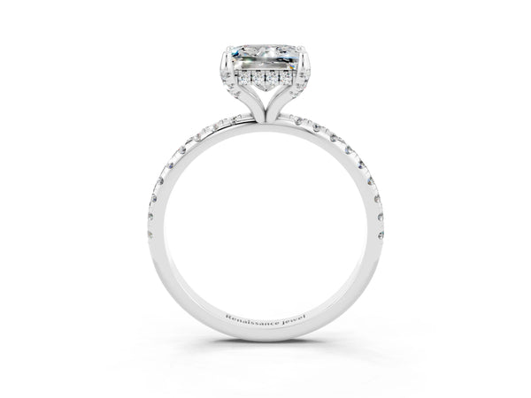 White gold Princess Cut Moissanite Hidden Halo Engagement Ring with Round Pavé Band and Prong Setting