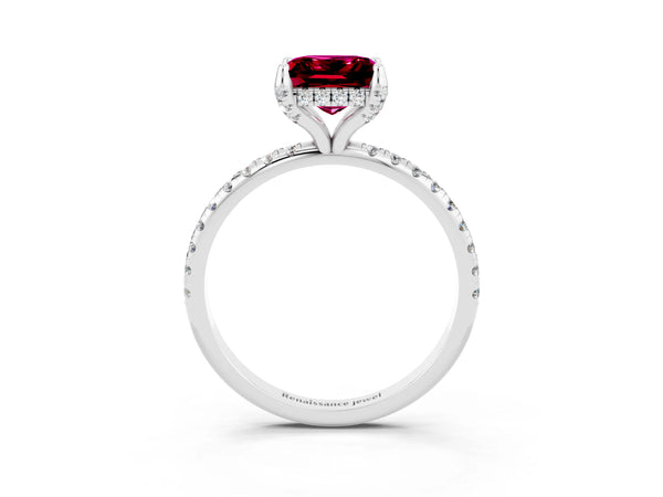 Platinum Princess Cut Garnet Hidden Halo Engagement Ring with Round Pavé Band and Prong Setting