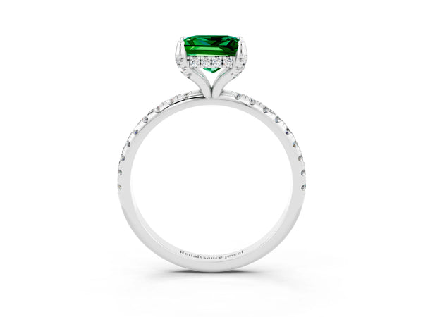Platinum Princess Cut Emerald Hidden Halo Engagement Ring with Round Pavé Band and Prong Setting