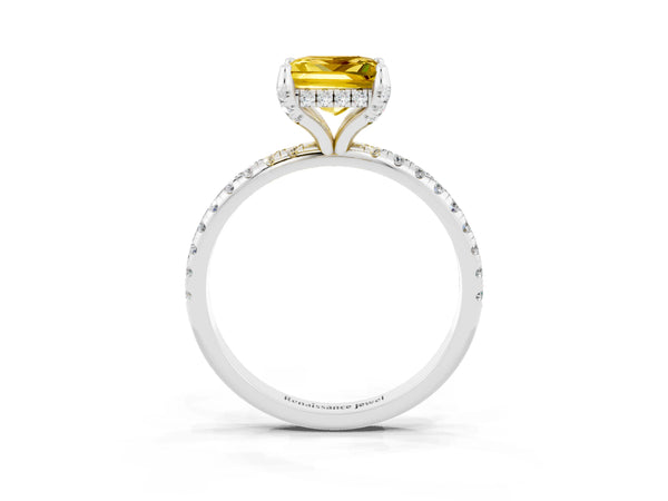 Platinum Princess Cut Yellow Sapphire Hidden Halo Engagement Ring with Round Pavé Band and Prong Setting