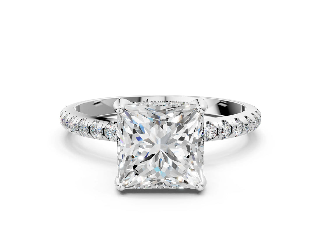 White gold Princess Cut Diamond Solitaire Ring with Four-Prong Setting and Pavé Band_3