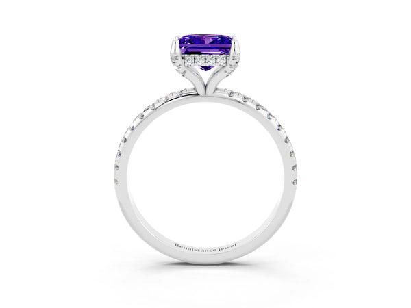 Platinum Princess Cut Tanzanite Hidden Halo Engagement Ring with Round Pavé Band and Prong Setting