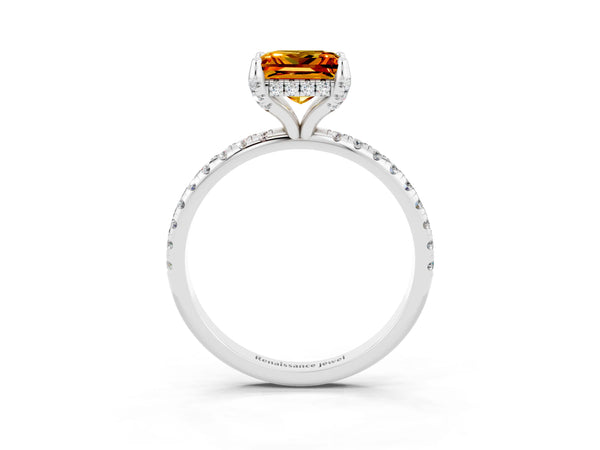 Platinum Princess Cut Citrine Hidden Halo Engagement Ring with Round Pavé Band and Prong Setting