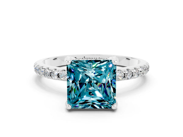 White gold Princess Cut Diamond Solitaire Ring with Four-Prong Setting and Pavé Band
