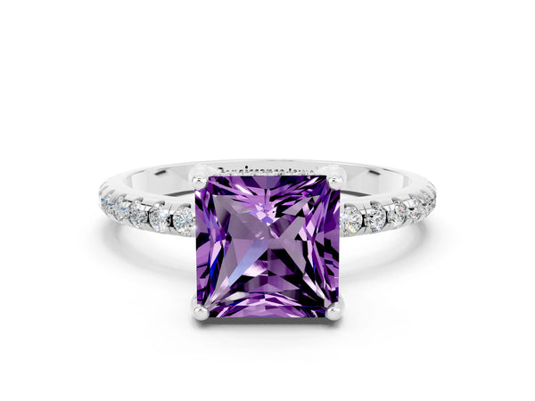 Platinum Princess Cut Amethyst Hidden Halo Engagement Ring with Round Pavé Band and Prong Setting