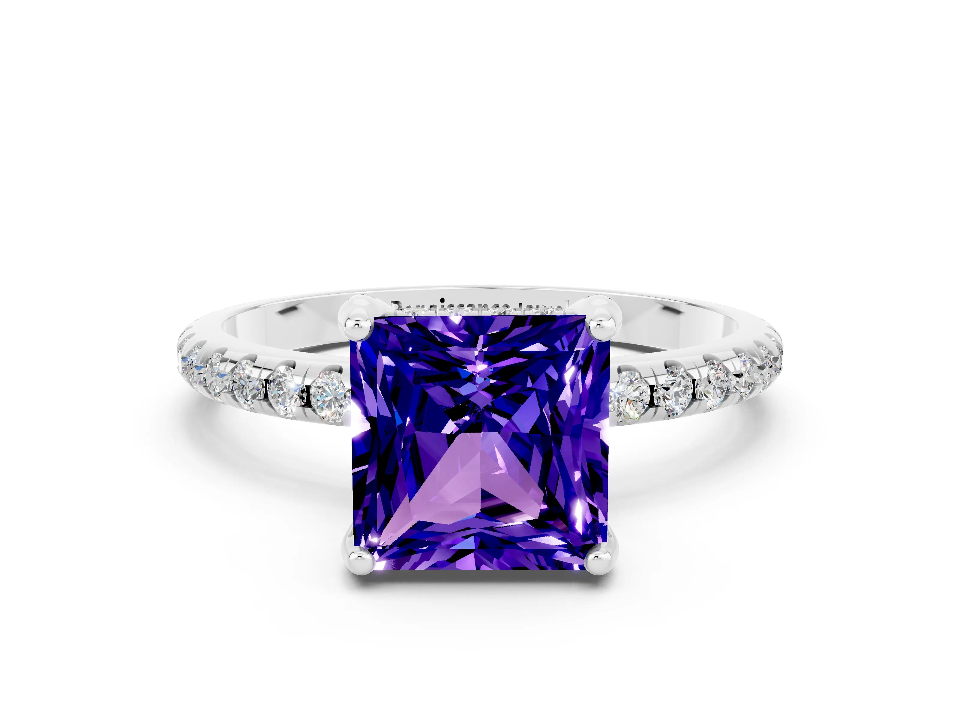 White gold Princess Cut Diamond Solitaire Ring with Four-Prong Setting and Pavé Band