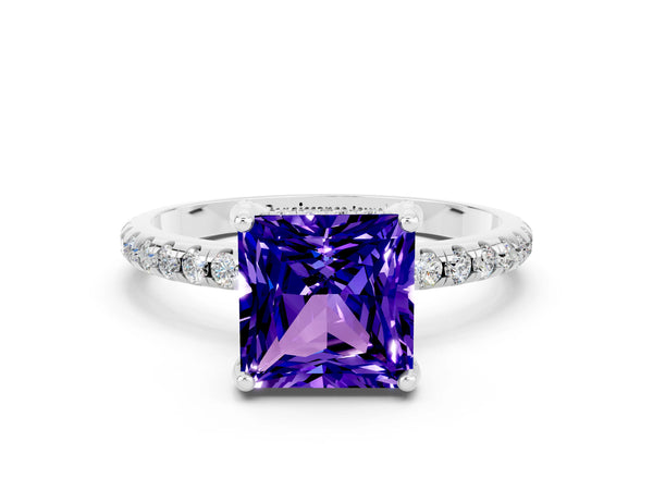 Platinum Princess Cut Tanzanite Hidden Halo Engagement Ring with Round Pavé Band and Prong Setting