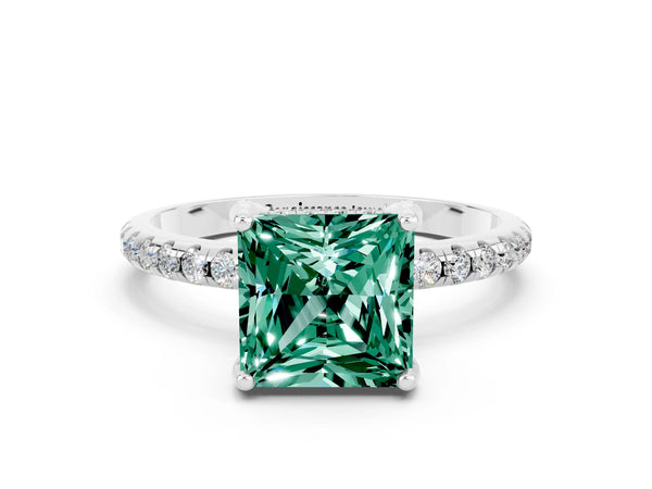 Platinum Princess Cut Green Sapphire Hidden Halo Engagement Ring with Round Pavé Band and Prong Setting
