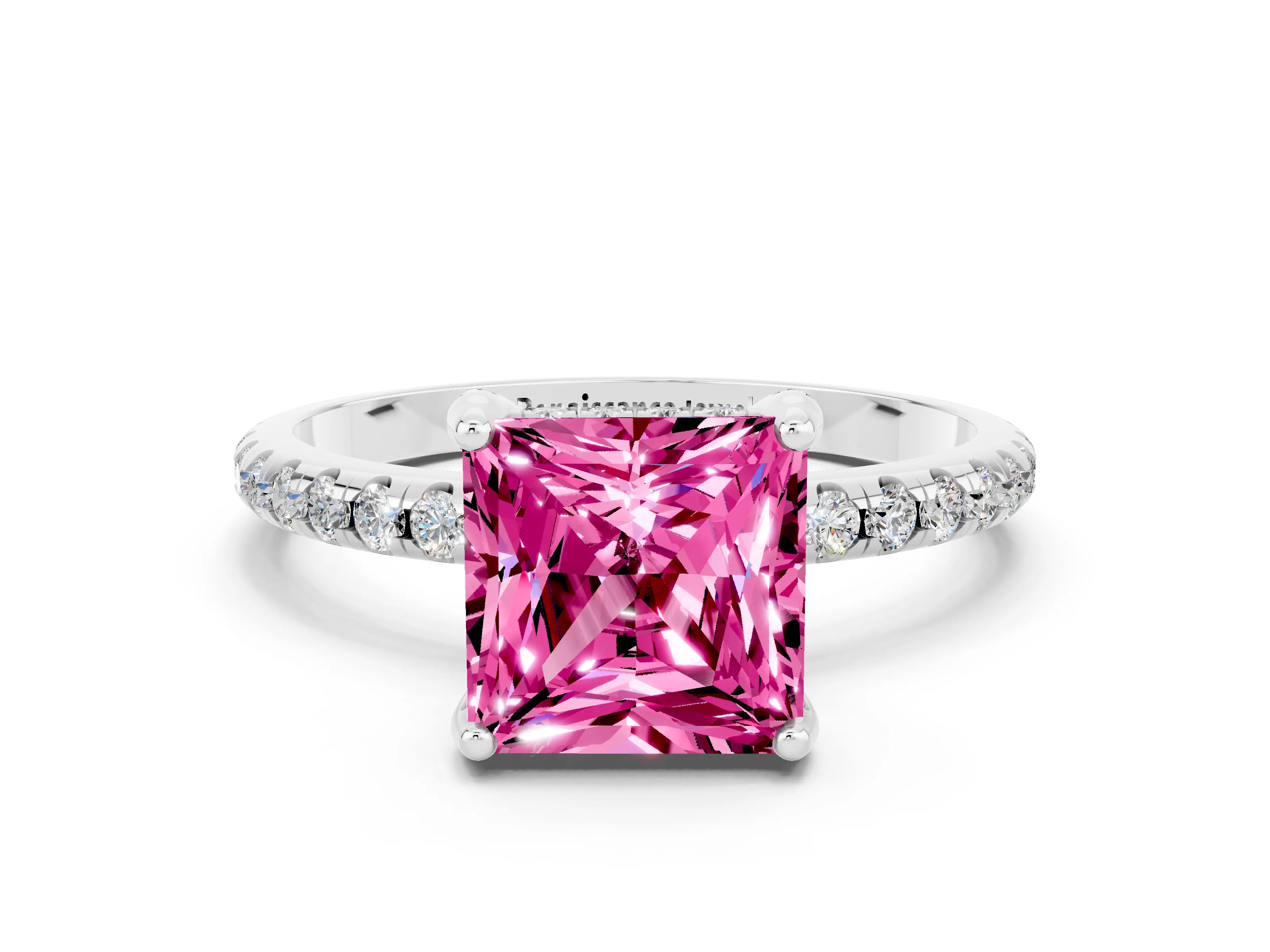 White gold Princess Cut Diamond Solitaire Ring with Four-Prong Setting and Pavé Band