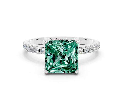 White gold Princess Cut Diamond Solitaire Ring with Four-Prong Setting and Pavé Band