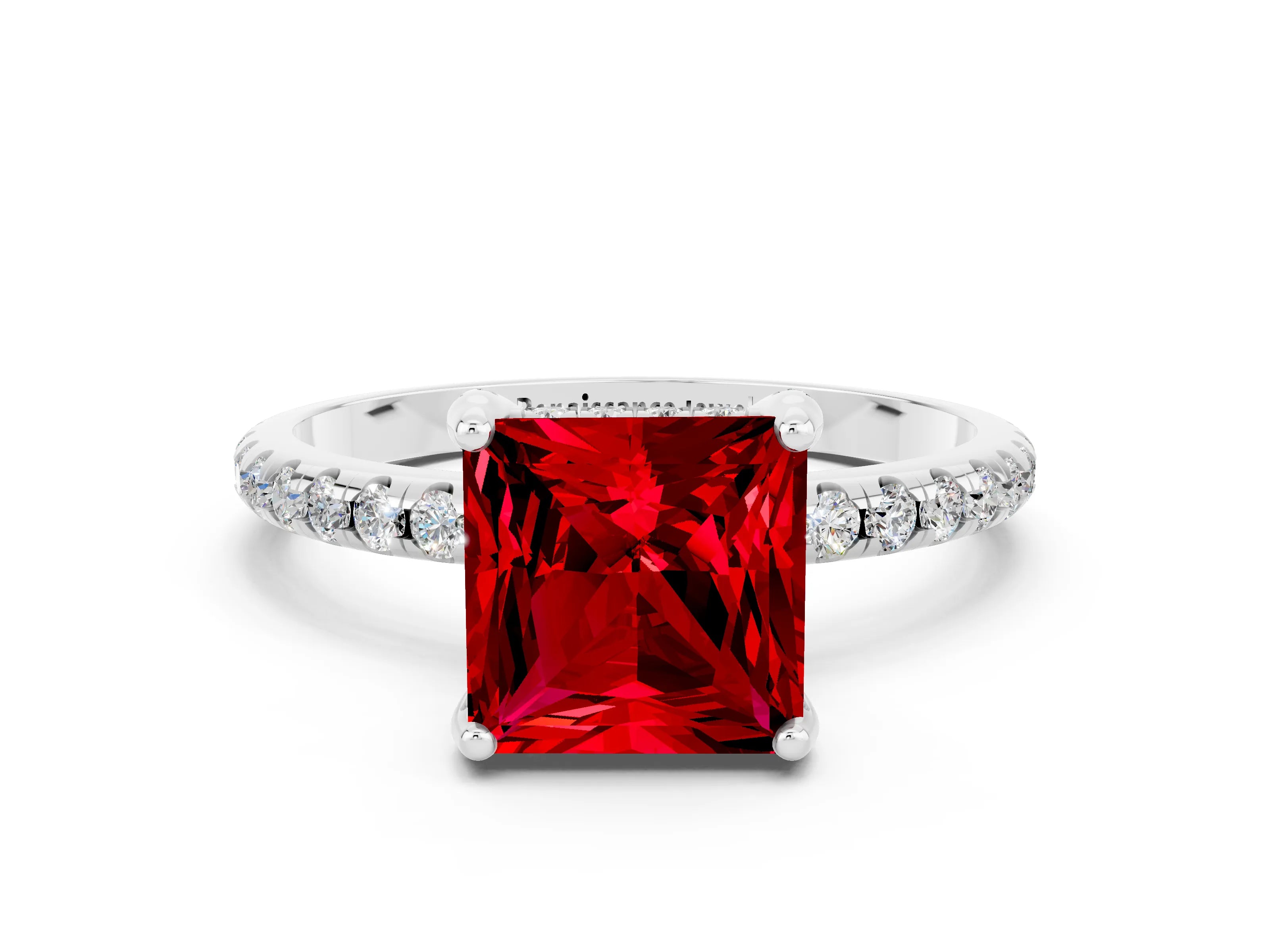 White gold Princess Cut Diamond Solitaire Ring with Four-Prong Setting and Pavé Band