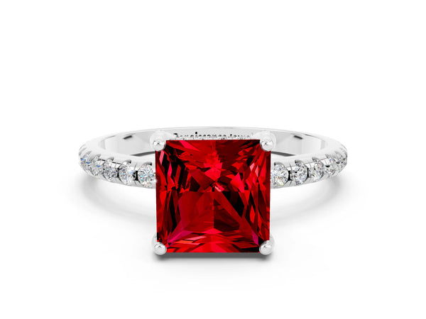 White gold Princess Cut Diamond Solitaire Ring with Four-Prong Setting and Pavé Band
