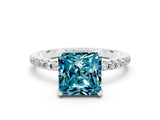White gold Princess Cut Diamond Solitaire Ring with Four-Prong Setting and Pavé Band