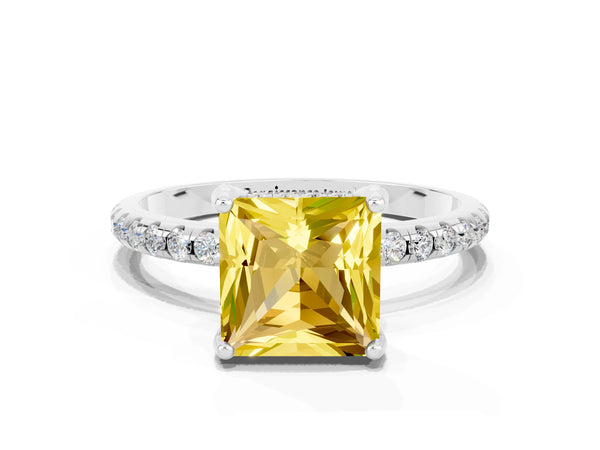 Platinum Princess Cut Yellow Sapphire Hidden Halo Engagement Ring with Round Pavé Band and Prong Setting