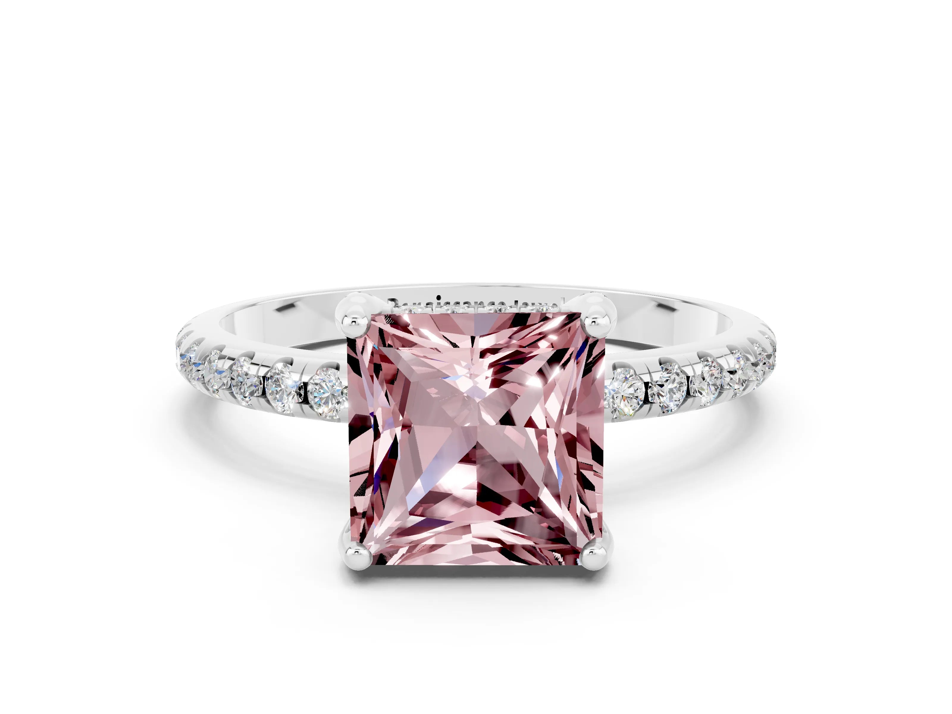 White gold Princess Cut Diamond Solitaire Ring with Four-Prong Setting and Pavé Band