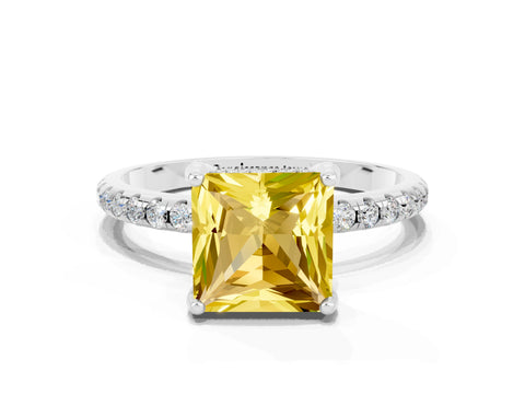 White gold Princess Cut Diamond Solitaire Ring with Four-Prong Setting and Pavé Band