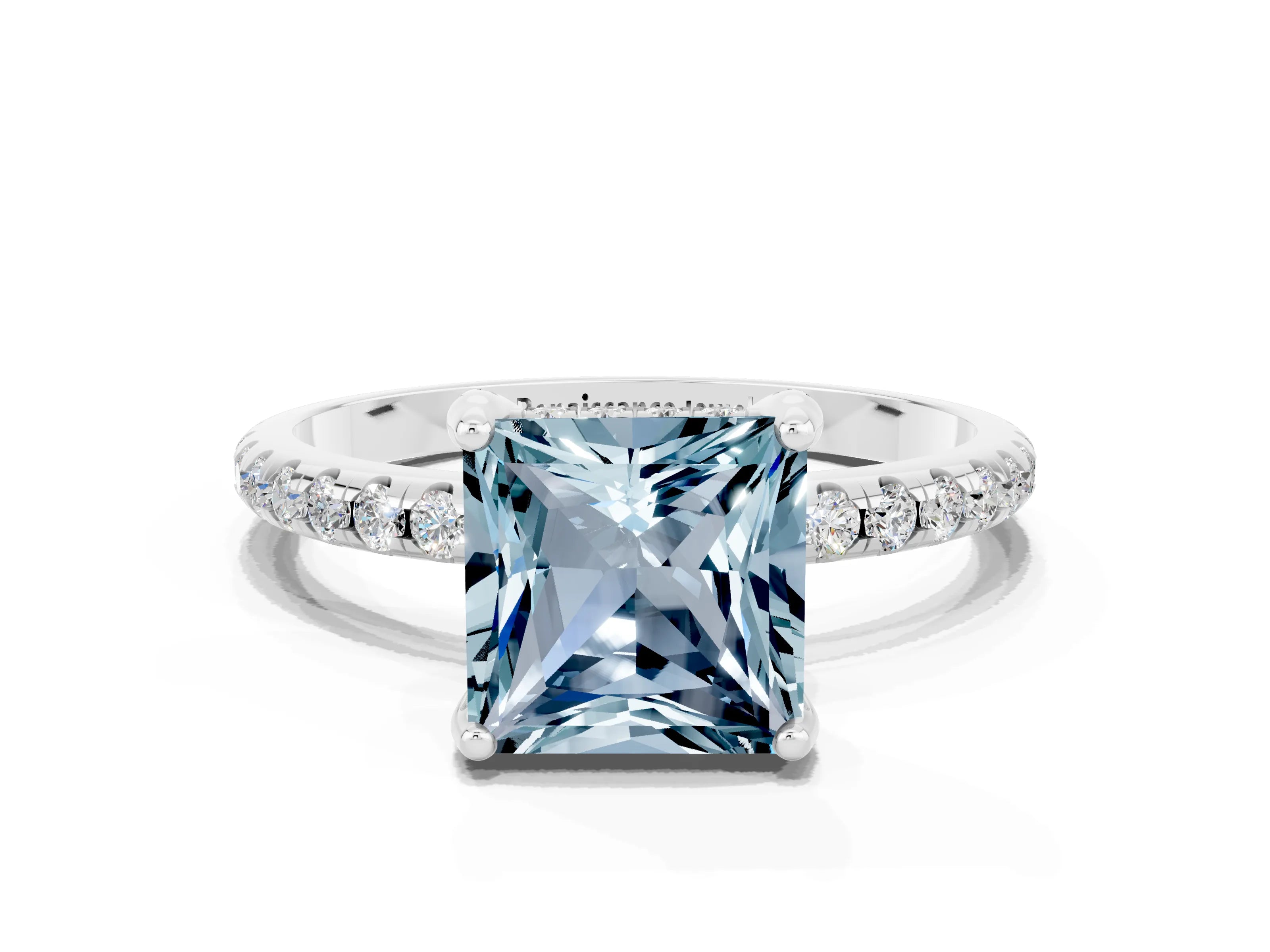 White gold Princess Cut Diamond Solitaire Ring with Four-Prong Setting and Pavé Band