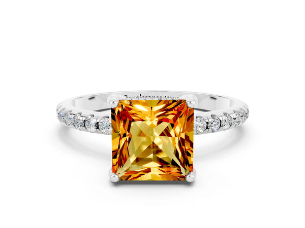 Platinum Princess Cut Citrine Hidden Halo Engagement Ring with Round Pavé Band and Prong Setting