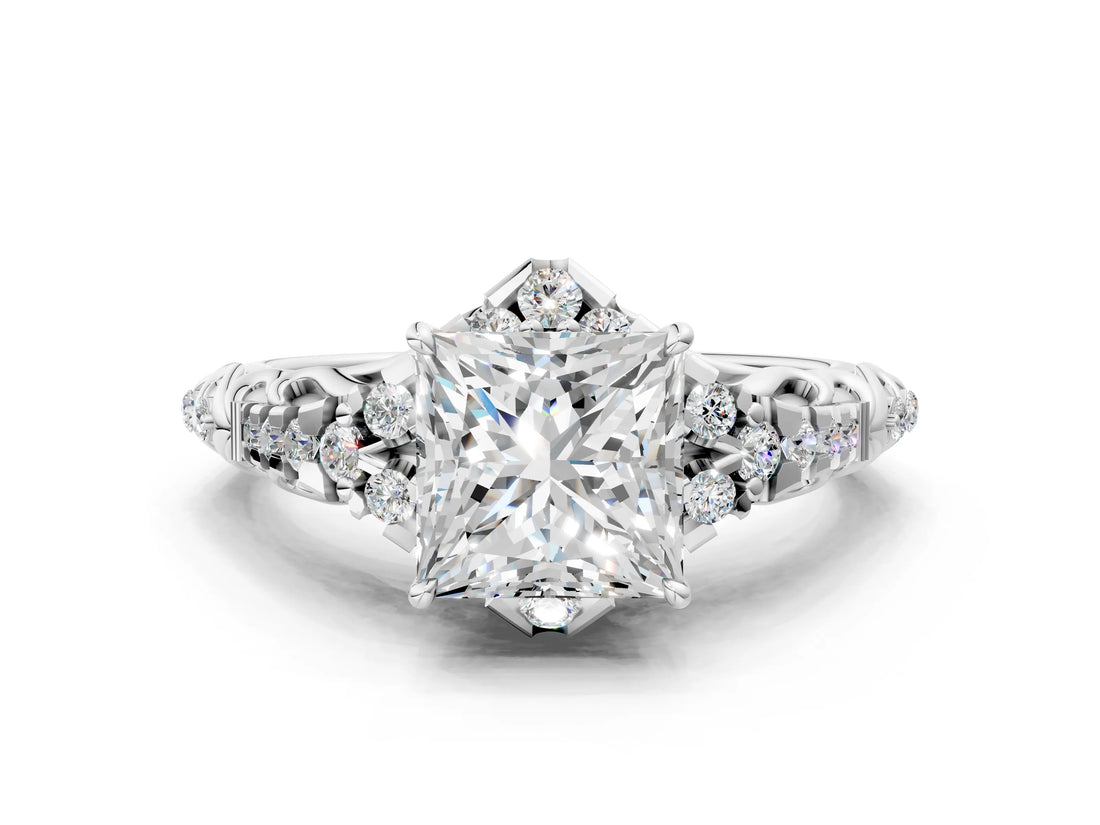 White gold Princess Cut Diamond Solitaire Ring with Hidden Halo and Pavé Band_33