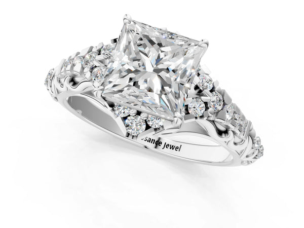 Sterling Silver Princess Cut Hidden Halo Vintage Filigree Engagement Ring Setting with Pave Band