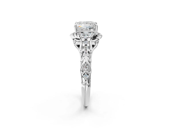 Sterling Silver Princess Cut Hidden Halo Vintage Filigree Engagement Ring Setting with Pave Band