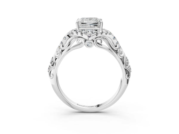 Sterling Silver Princess Cut Hidden Halo Vintage Filigree Engagement Ring Setting with Pave Band