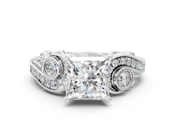 Sterling Silver Princess Cut Vintage Swirl Engagement Ring Setting with Bezel Side Accents