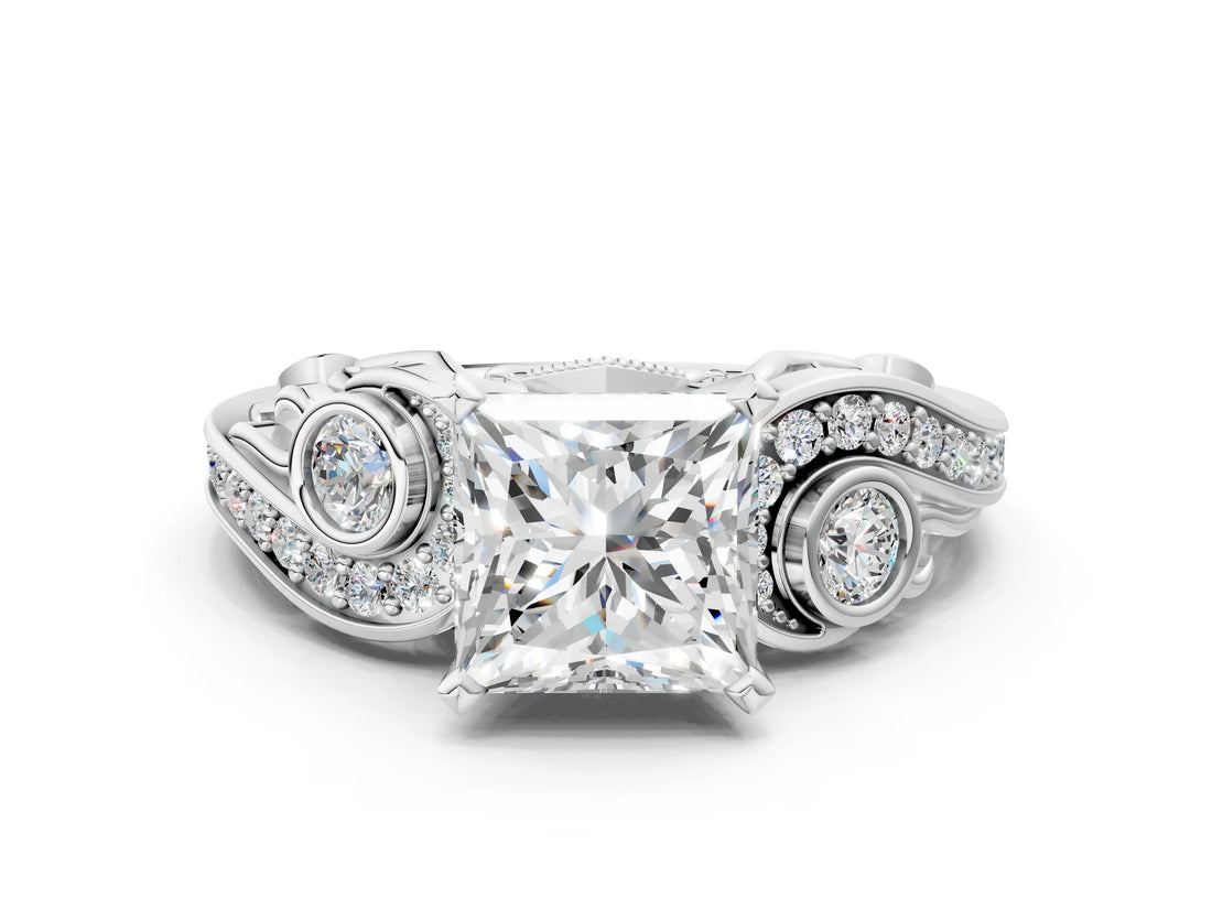 White gold Princess Cut Diamond Solitaire Ring with Milgrain Pavé Band and Four-Prong Setting_265