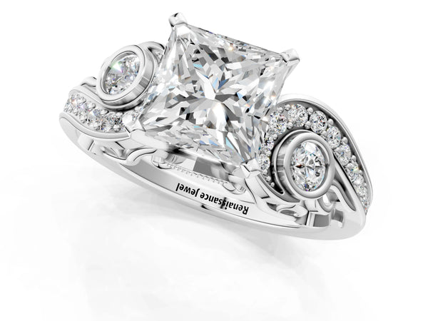 Sterling Silver Princess Cut Vintage Swirl Engagement Ring Setting with Bezel Side Accents