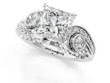 White gold Princess Cut Diamond Solitaire Ring with Milgrain Pavé Band and Four-Prong Setting_266