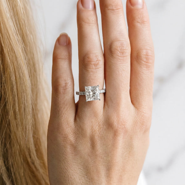 Platinum Princess Cut Solitaire Engagement Ring Setting with Pave Band and Open Basket