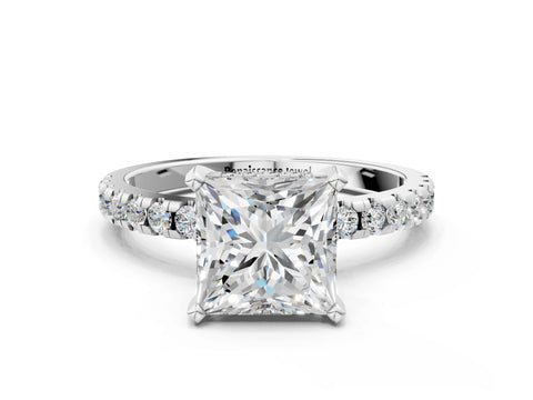 Silver 1.58 Carat F VS1 Princess Diamond Solitaire Ring with Round  Pavé Band and Four-Prong Setting