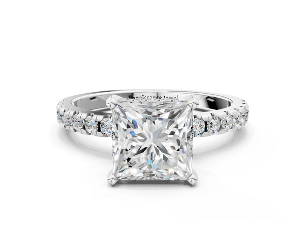 Silver 2.01 Carat E VS1 Princess Diamond Solitaire Ring with Round Pavé Band and Four-Prong Setting