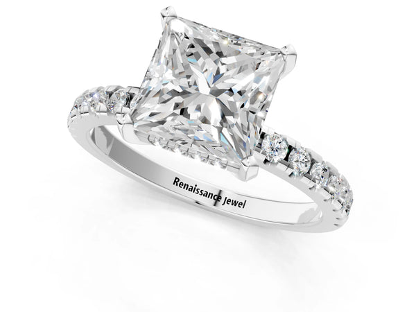 Silver 2.01 Carat E VS1 Princess Diamond Solitaire Ring with Round Pavé Band and Four-Prong Setting