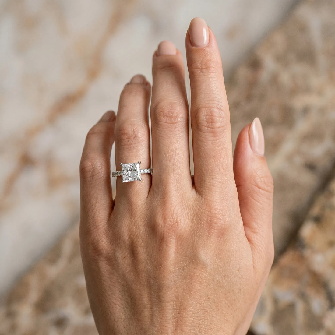 White gold Princess Cut Diamond Solitaire Ring with Pavé Band and Four-Prong Setting_352
