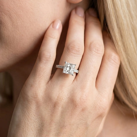 Silver 1.58 Carat F VS1 Princess Diamond Solitaire Ring with Round  Pavé Band and Four-Prong Setting