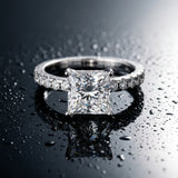 Silver 2.01 Carat E VS1 Princess Diamond Solitaire Ring with Round Pavé Band and Four-Prong Setting