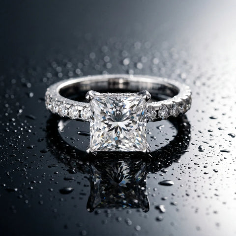 Silver 1.58 Carat F VS1 Princess Diamond Solitaire Ring with Round  Pavé Band and Four-Prong Setting