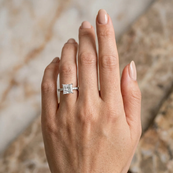 Silver 2.01 Carat E VS1 Princess Diamond Solitaire Ring with Round Pavé Band and Four-Prong Setting