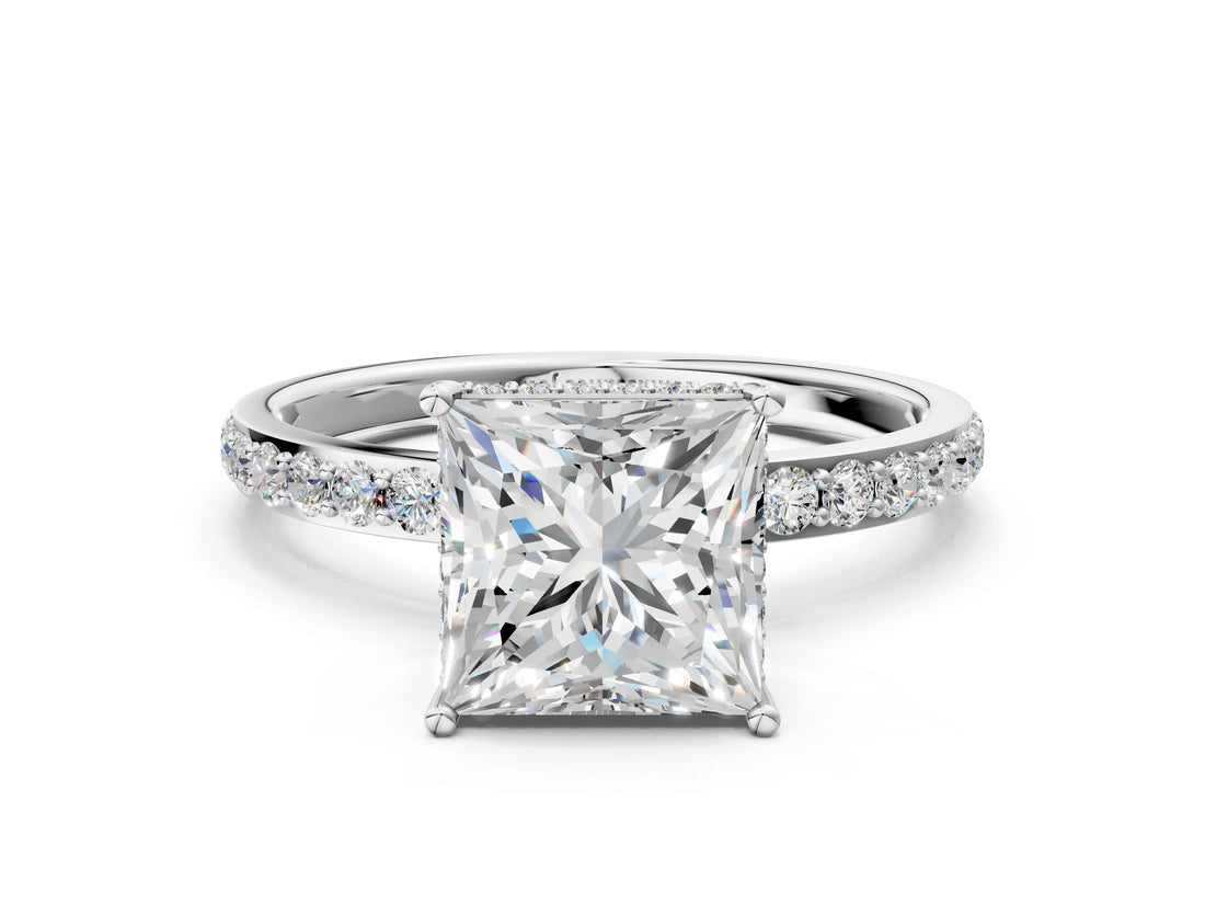 White gold Princess Cut Diamond Solitaire Ring with Pavé Band and Hidden Halo_60
