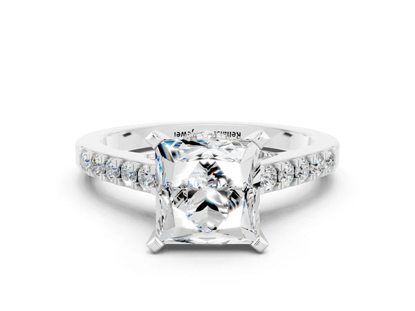 Platinum Princess Cut Diamond Solitaire Ring with Pavé Band and Prong Setting