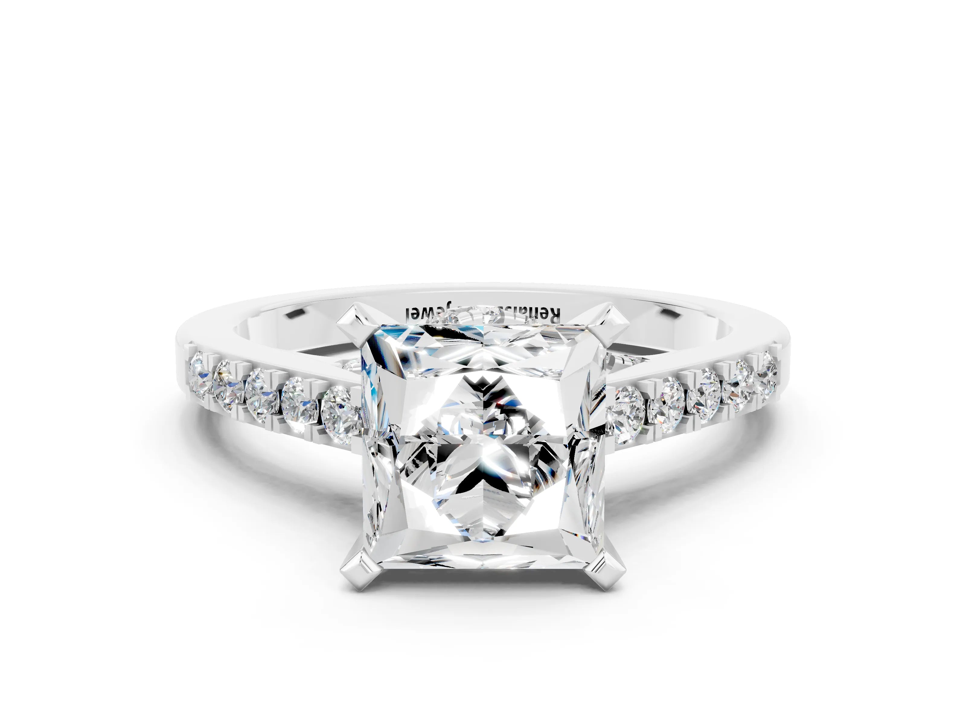 White gold Princess Cut Diamond Solitaire Ring with Pavé Band and Prong Setting_12