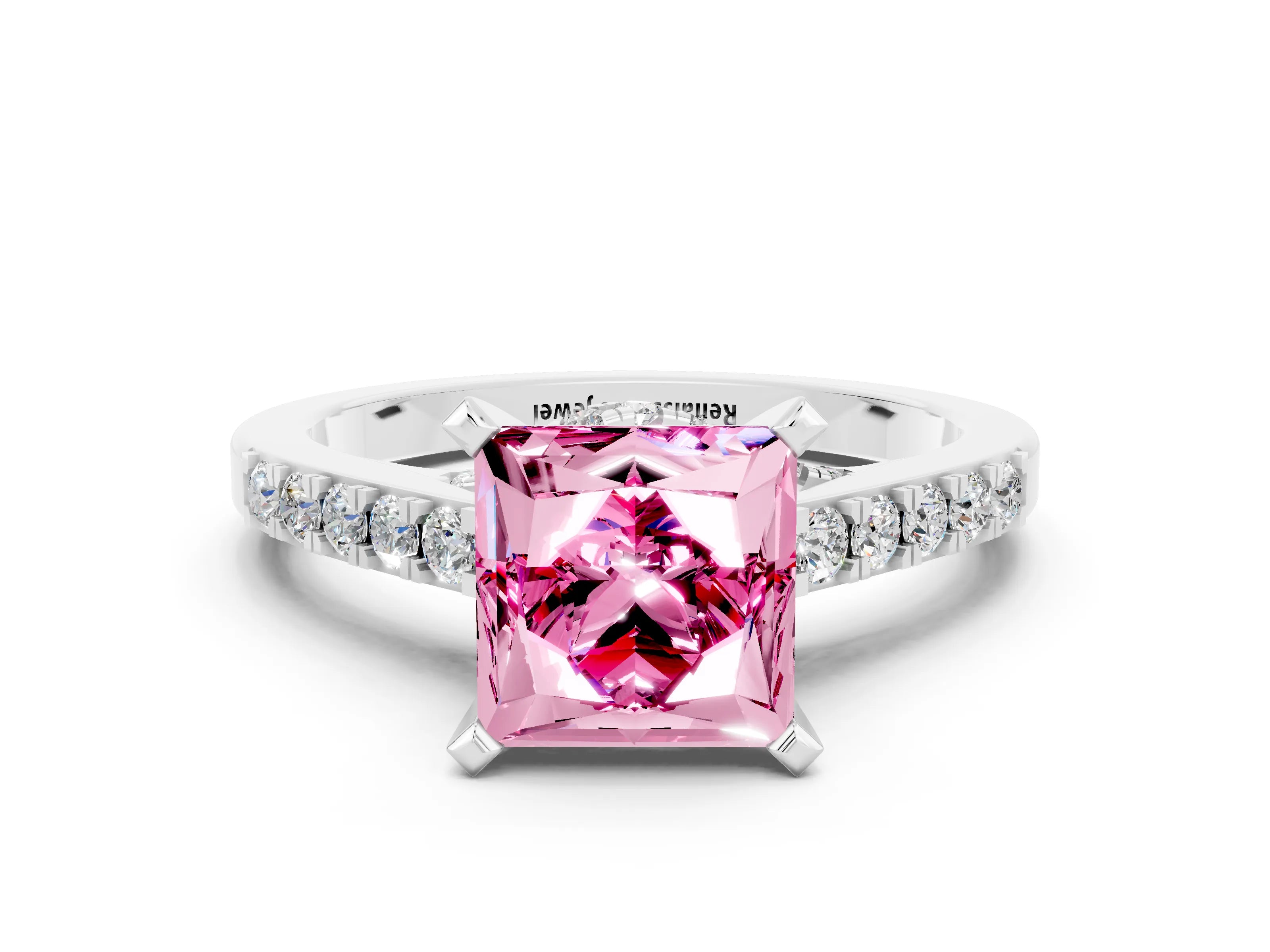 White gold Princess Cut Diamond Solitaire Ring with Pavé Band and Prong Setting_12