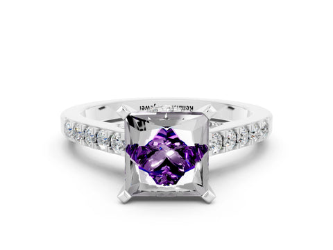 White gold Princess Cut Diamond Solitaire Ring with Pavé Band and Prong Setting_12