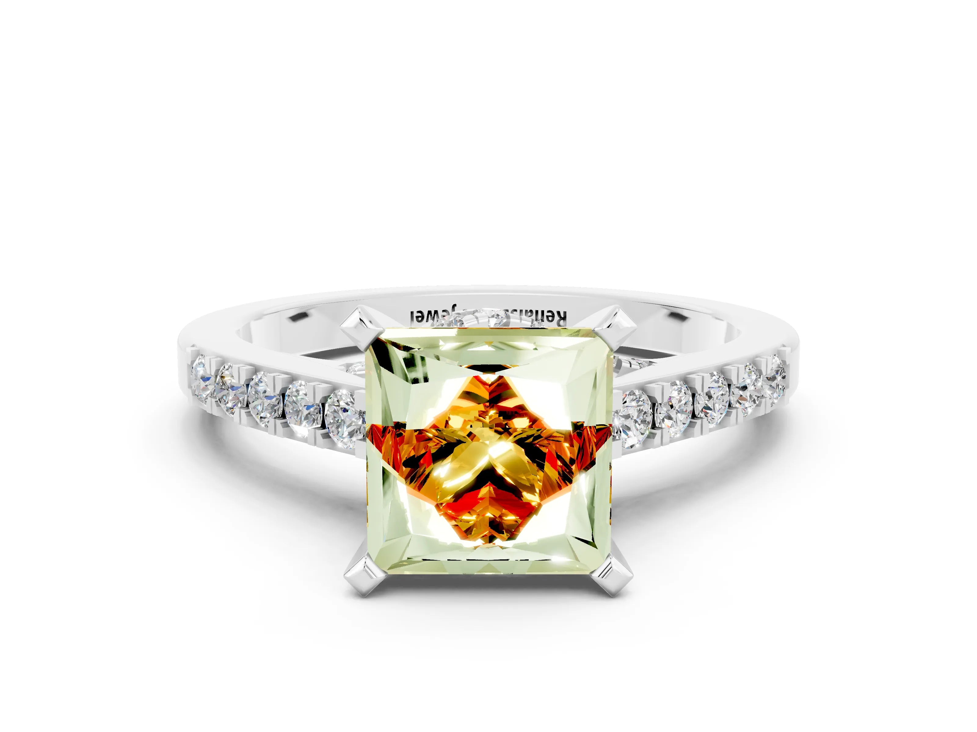 White gold Princess Cut Diamond Solitaire Ring with Pavé Band and Prong Setting_12