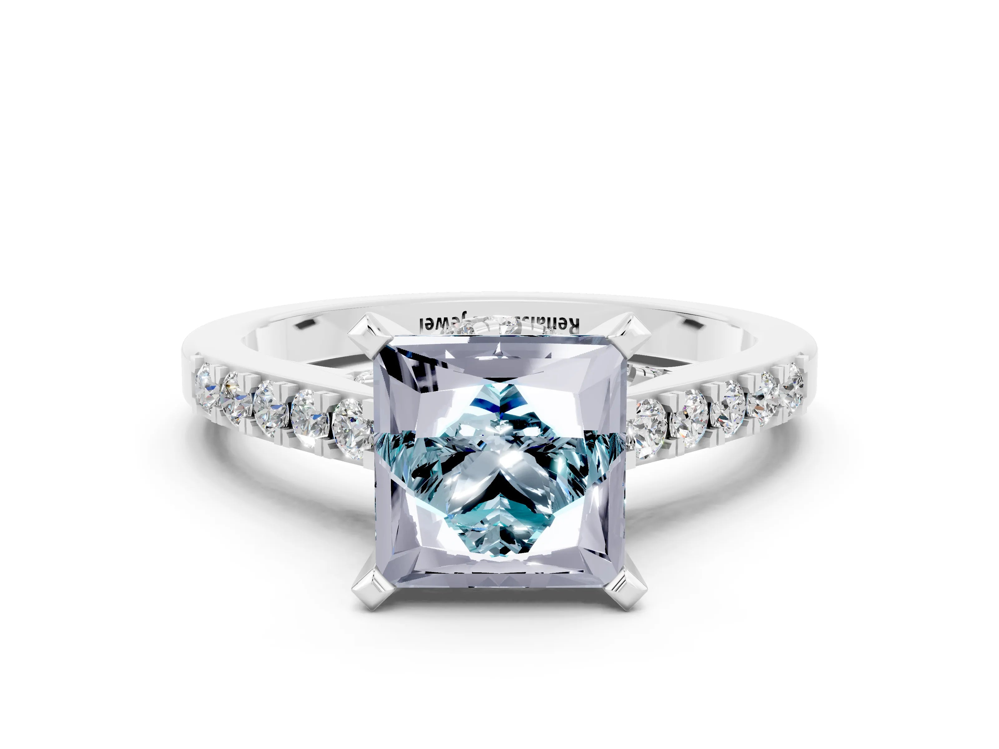 White gold Princess Cut Diamond Solitaire Ring with Pavé Band and Prong Setting_12