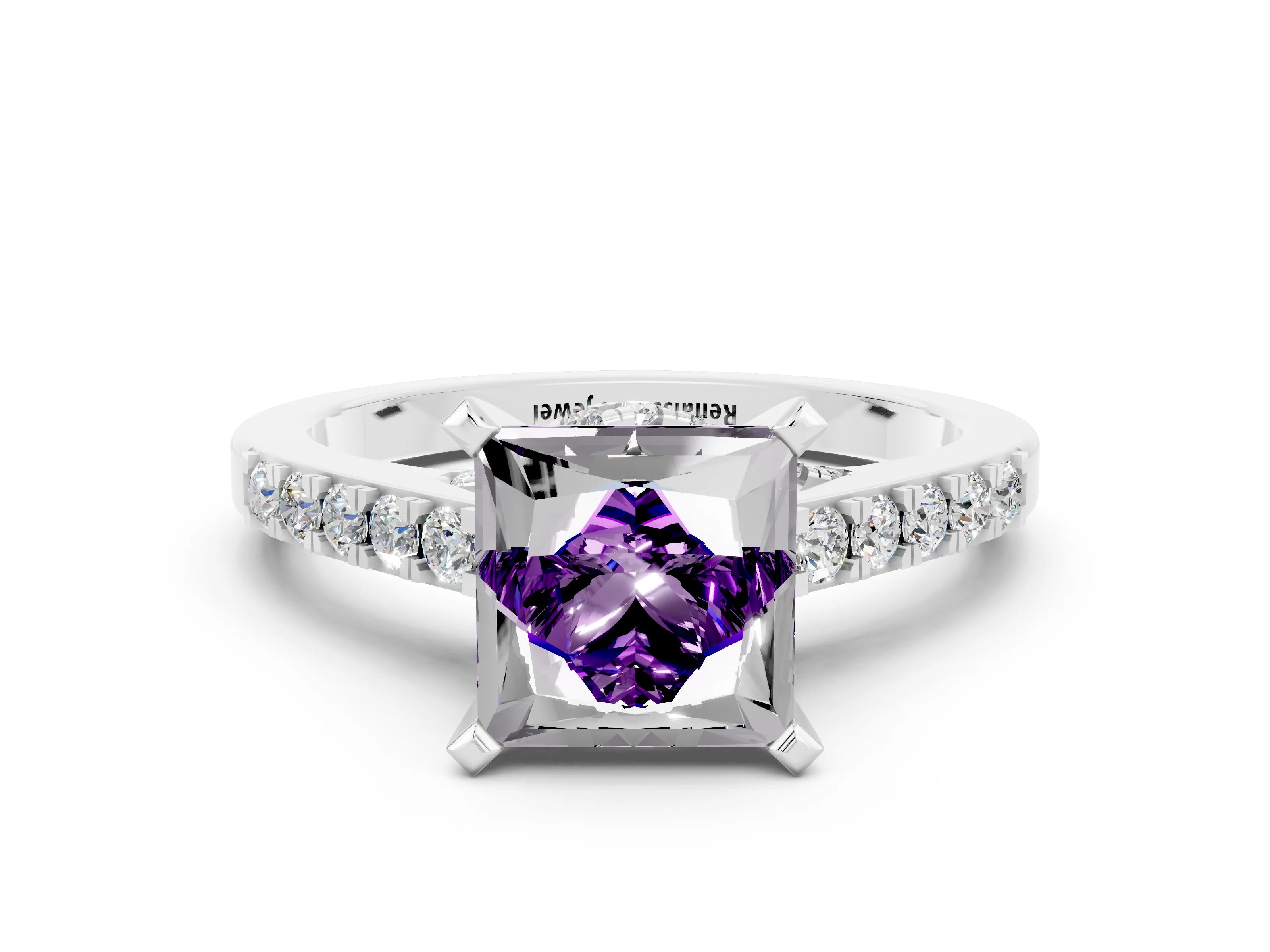 White gold Princess Cut Diamond Solitaire Ring with Pavé Band and Prong Setting_12
