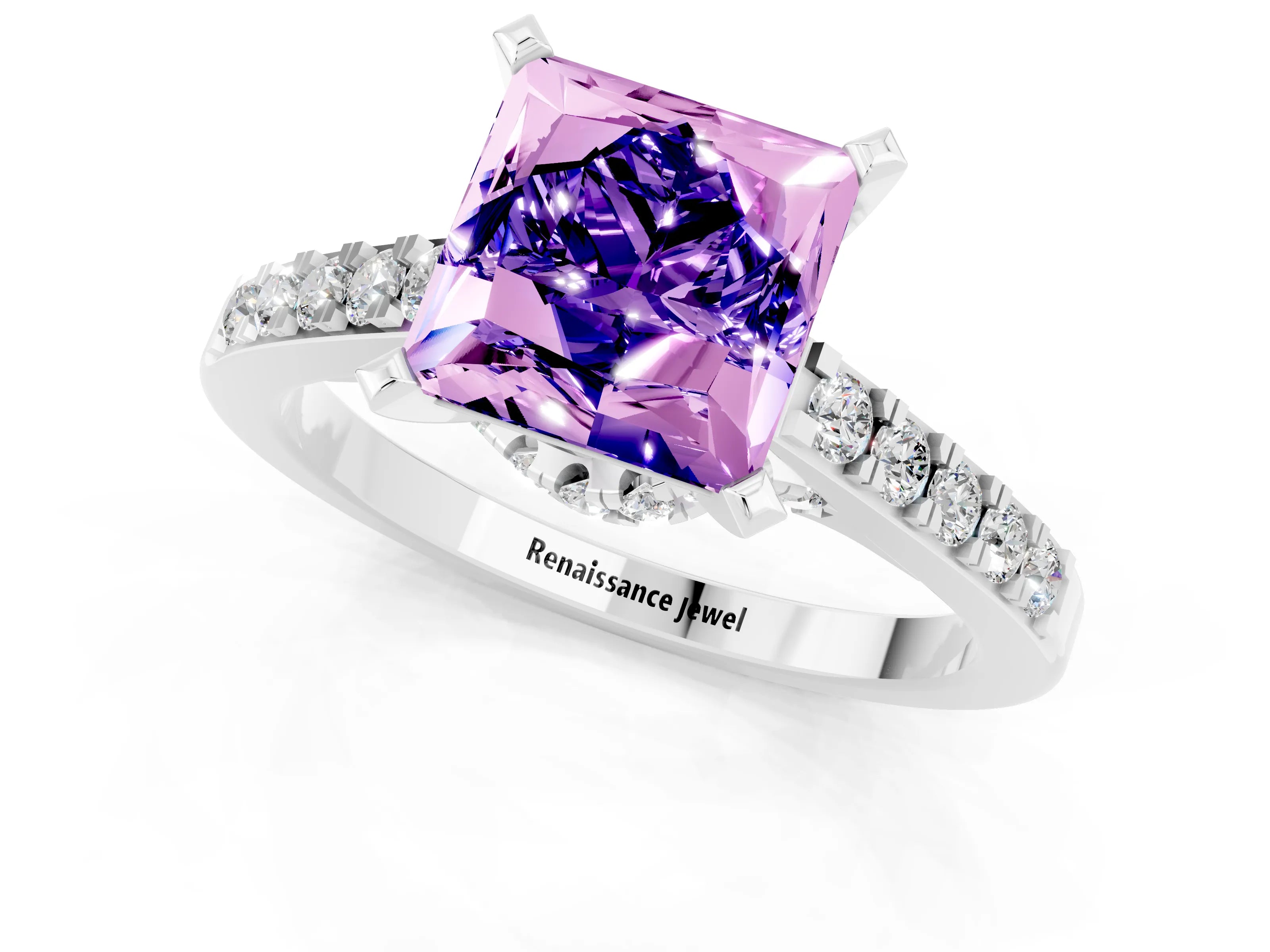 White gold Princess Cut Diamond Solitaire Ring with Pavé Band and Prong Setting_13