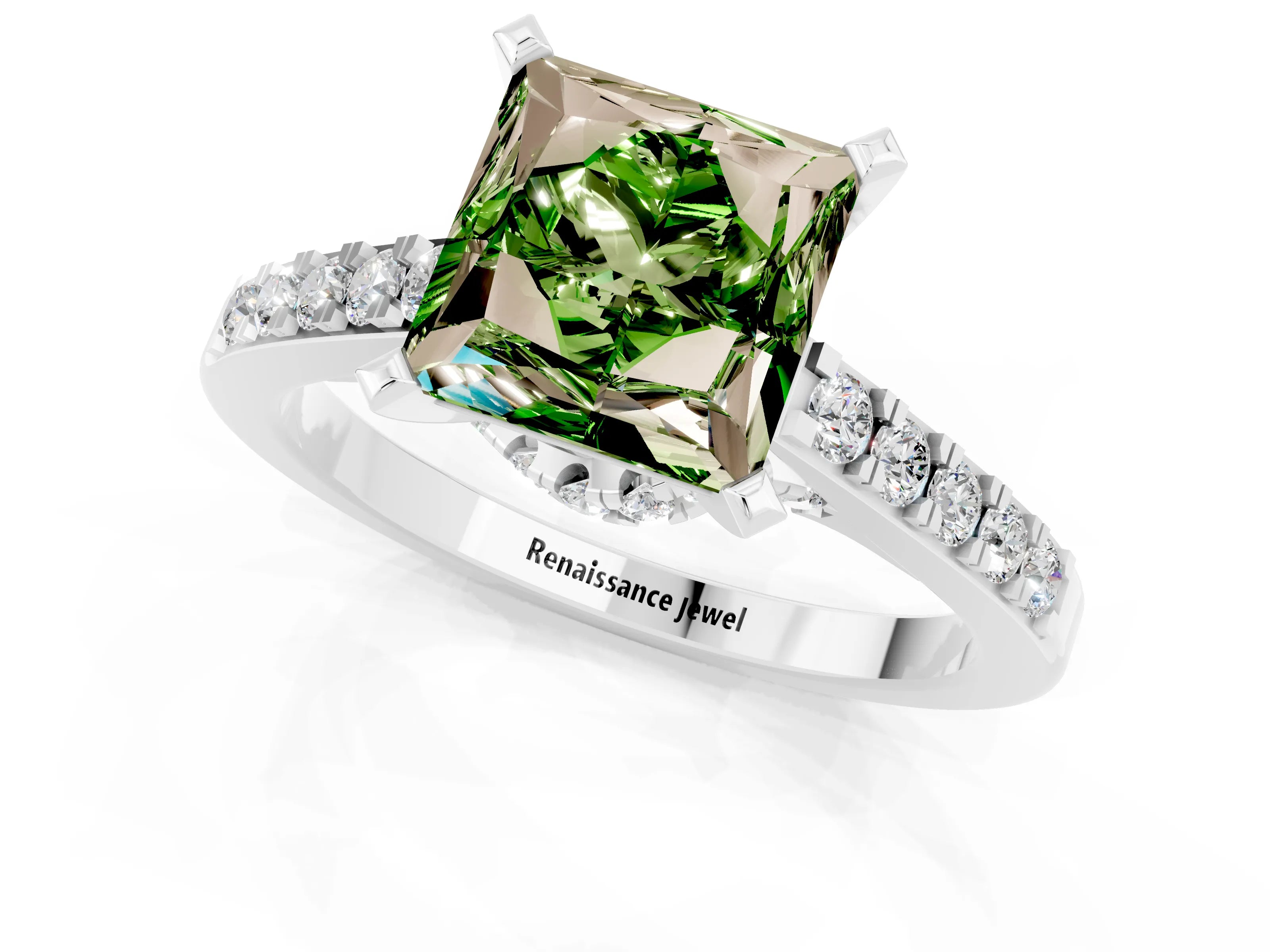 White gold Princess Cut Diamond Solitaire Ring with Pavé Band and Prong Setting_13